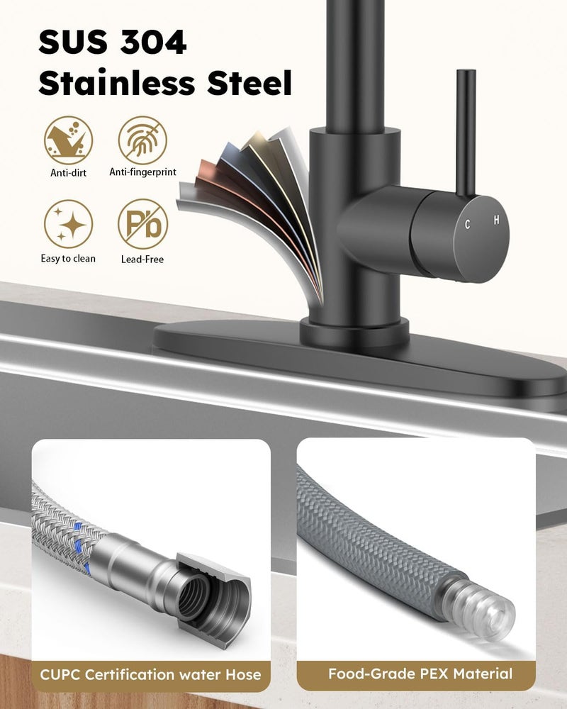 Arofa Kitchen Faucet with Soap Dispenser, Stainless Steel Kitchen Sink Faucets with Pull-Down Sprayer 2 Mode, Single Handle Modern Spring Faucet for 1 or 3 Hole, Matte Black RV & Bar Faucets - Image 5